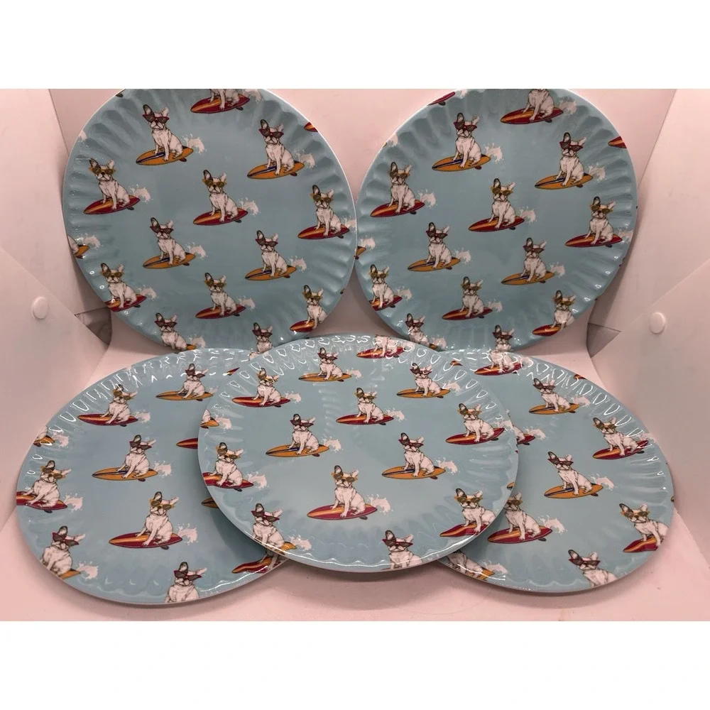 Alex & Zoë French Bulldog Surfing Melamine Dinnerware 17 Pc Plates Bowls Set